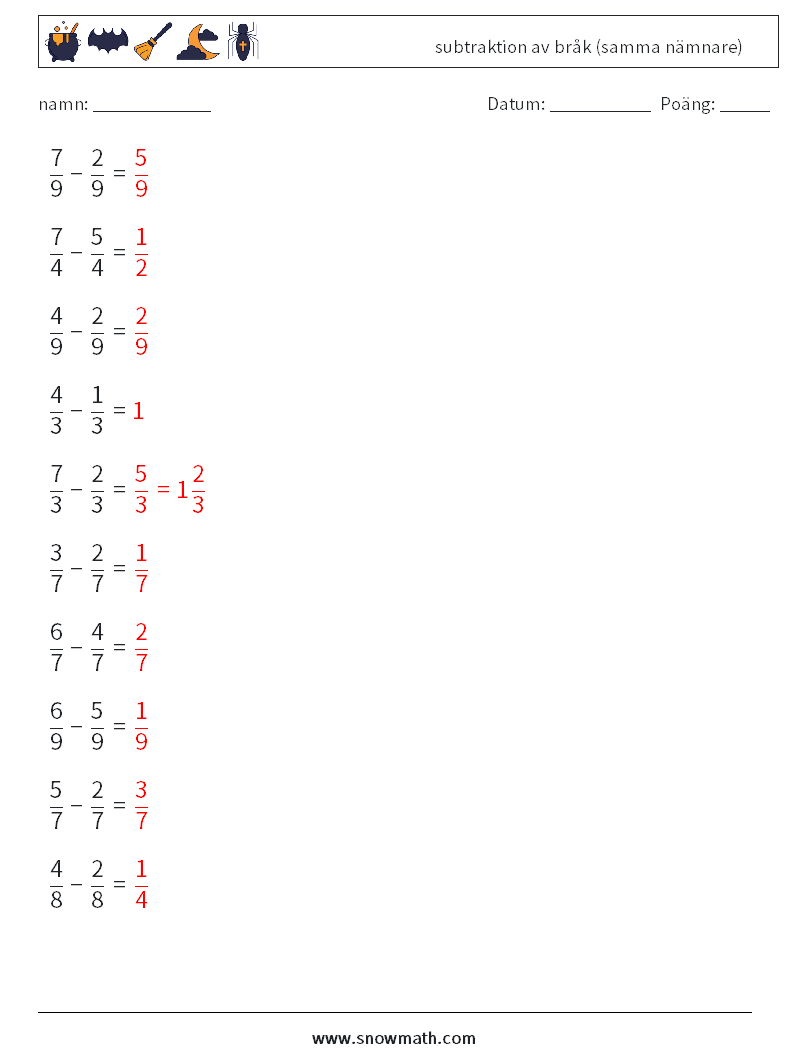 (10) subtraktion av bråk (samma nämnare) Matematiska arbetsblad 18 Fråga, svar