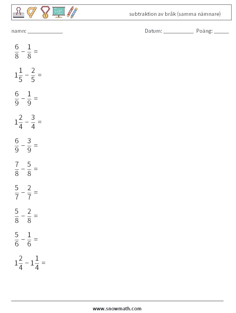 (10) subtraktion av bråk (samma nämnare) Matematiska arbetsblad 3