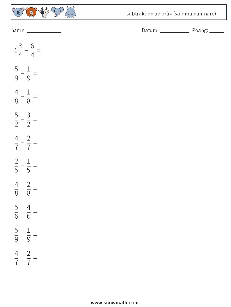 (10) subtraktion av bråk (samma nämnare) Matematiska arbetsblad 4