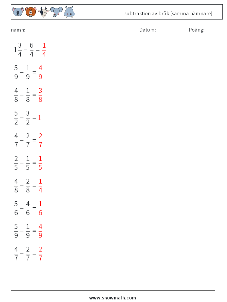 (10) subtraktion av bråk (samma nämnare) Matematiska arbetsblad 4 Fråga, svar