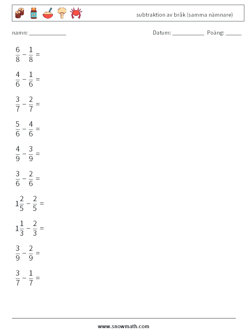 (10) subtraktion av bråk (samma nämnare) Matematiska arbetsblad 5