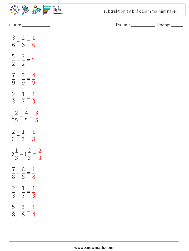 (10) subtraktion av bråk (samma nämnare) Matematiska arbetsblad 7 Fråga, svar