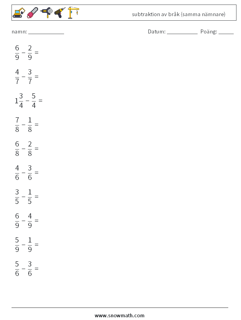 (10) subtraktion av bråk (samma nämnare) Matematiska arbetsblad 8