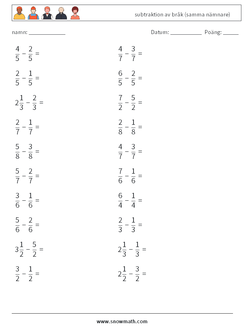 (20) subtraktion av bråk (samma nämnare) Matematiska arbetsblad 10