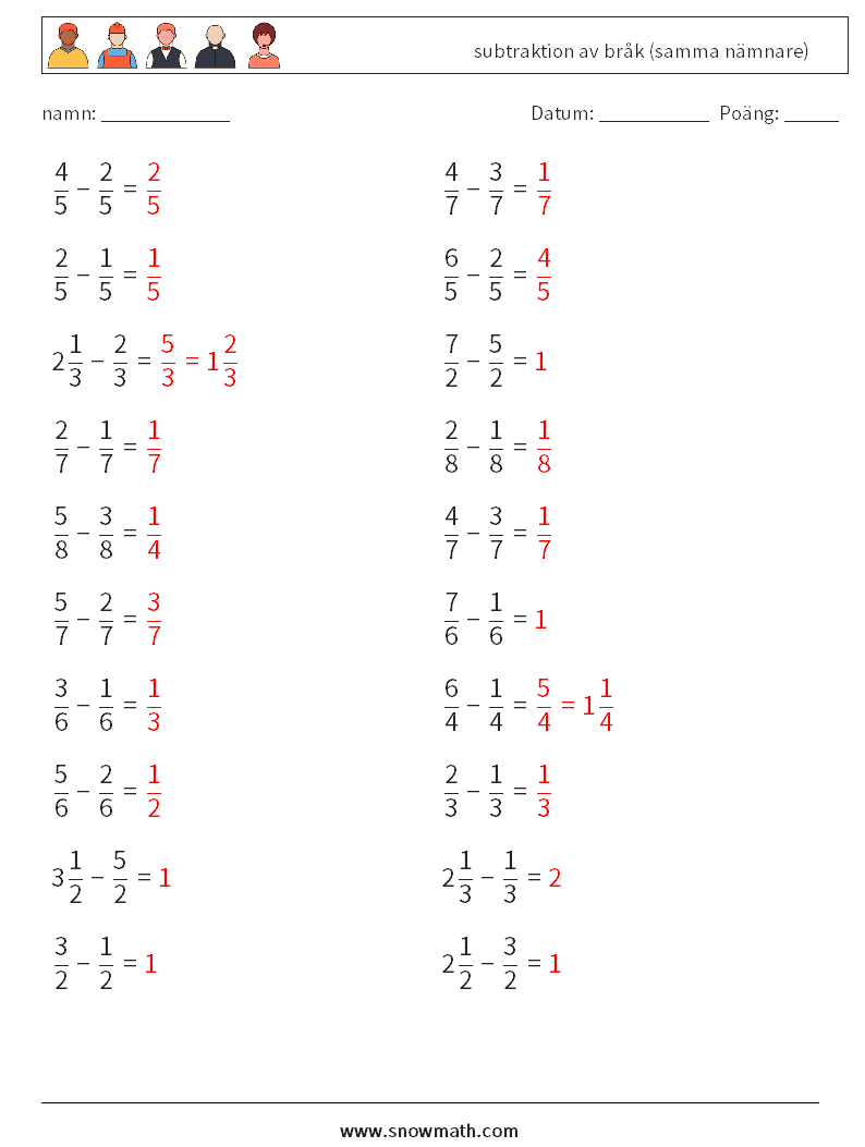 (20) subtraktion av bråk (samma nämnare) Matematiska arbetsblad 10 Fråga, svar