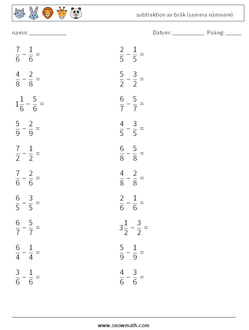 (20) subtraktion av bråk (samma nämnare) Matematiska arbetsblad 11