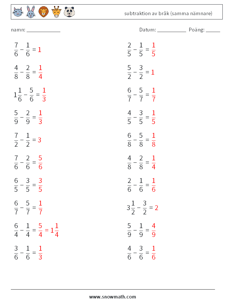 (20) subtraktion av bråk (samma nämnare) Matematiska arbetsblad 11 Fråga, svar