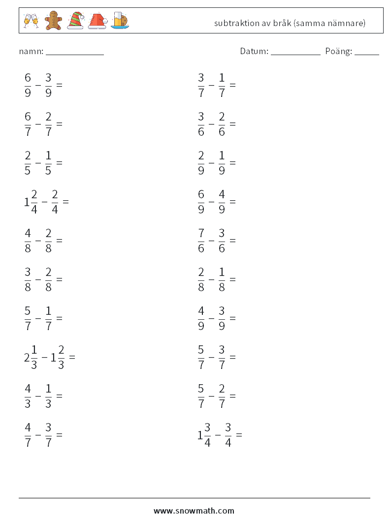 (20) subtraktion av bråk (samma nämnare) Matematiska arbetsblad 12