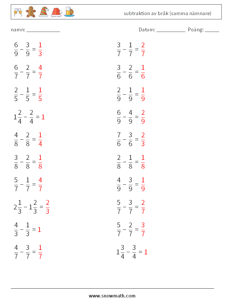 (20) subtraktion av bråk (samma nämnare) Matematiska arbetsblad 12 Fråga, svar