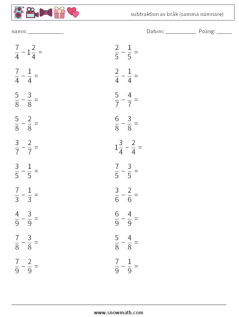 (20) subtraktion av bråk (samma nämnare) Matematiska arbetsblad 13