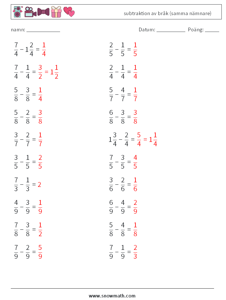 (20) subtraktion av bråk (samma nämnare) Matematiska arbetsblad 13 Fråga, svar