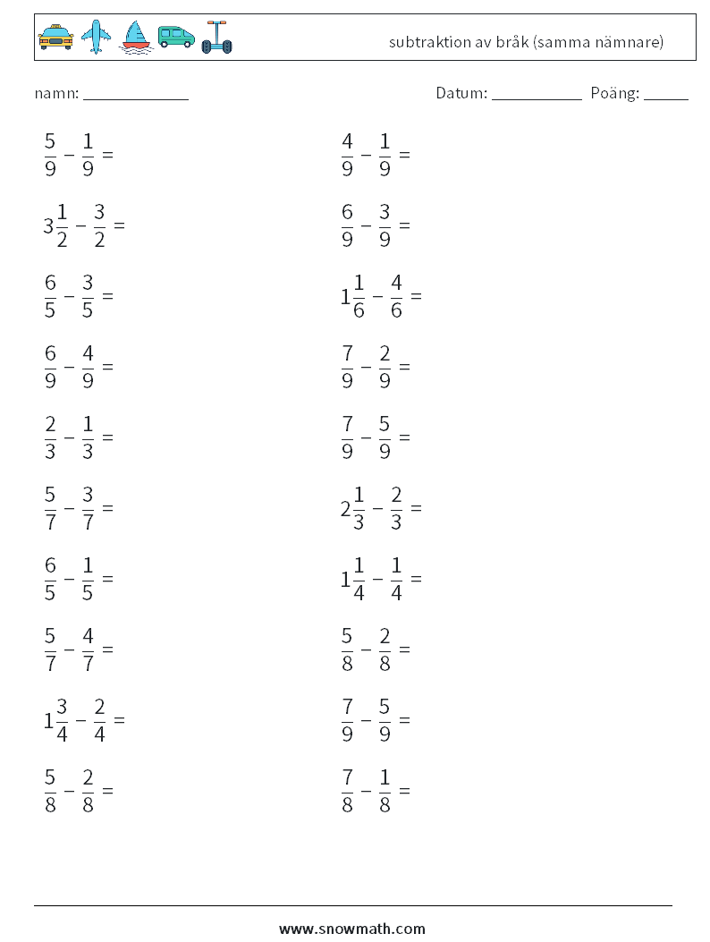 (20) subtraktion av bråk (samma nämnare) Matematiska arbetsblad 14