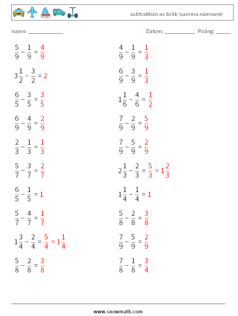 (20) subtraktion av bråk (samma nämnare) Matematiska arbetsblad 14 Fråga, svar