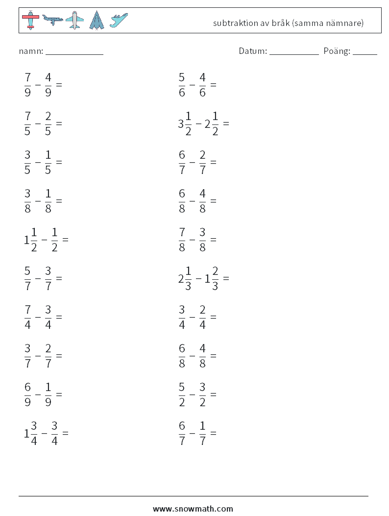 (20) subtraktion av bråk (samma nämnare) Matematiska arbetsblad 15