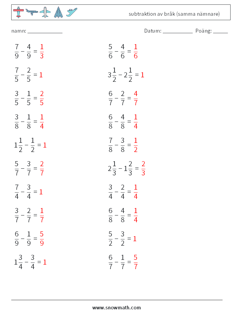 (20) subtraktion av bråk (samma nämnare) Matematiska arbetsblad 15 Fråga, svar