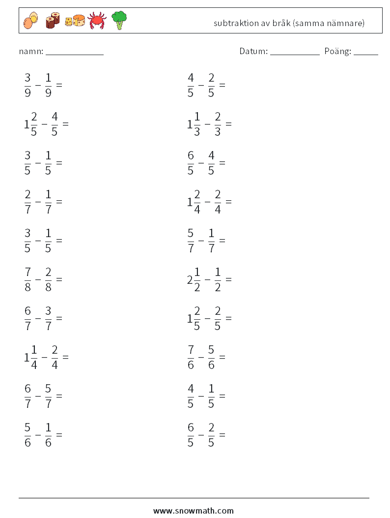 (20) subtraktion av bråk (samma nämnare) Matematiska arbetsblad 16