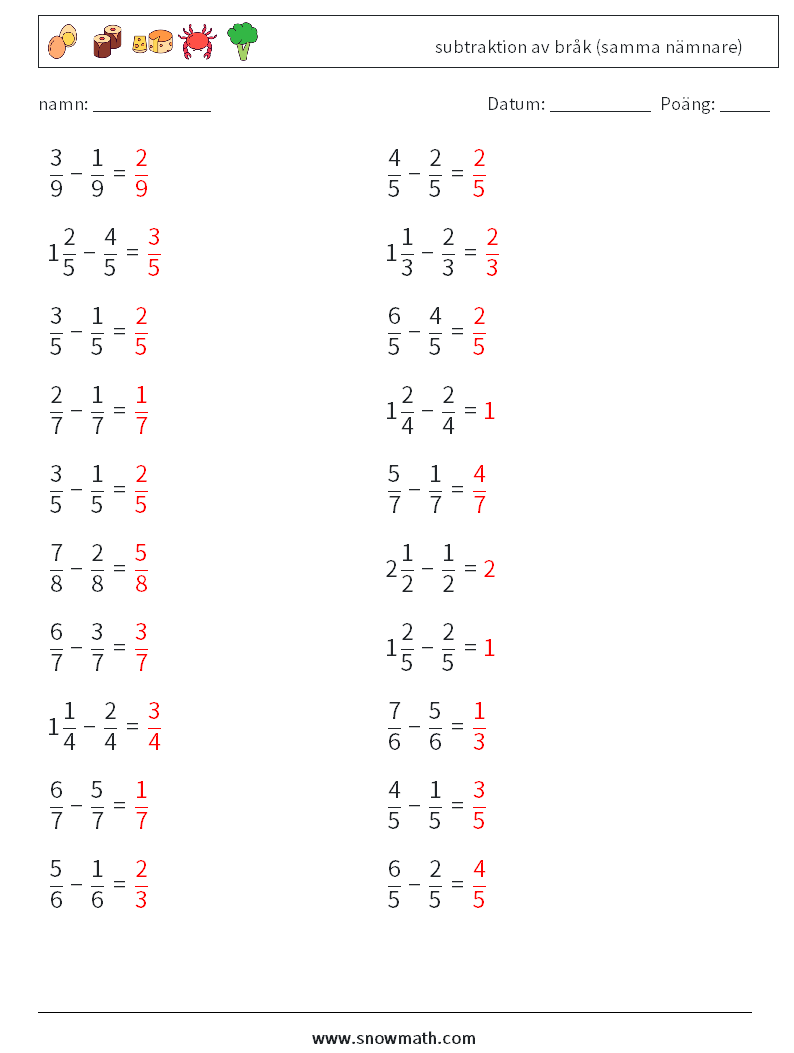 (20) subtraktion av bråk (samma nämnare) Matematiska arbetsblad 16 Fråga, svar