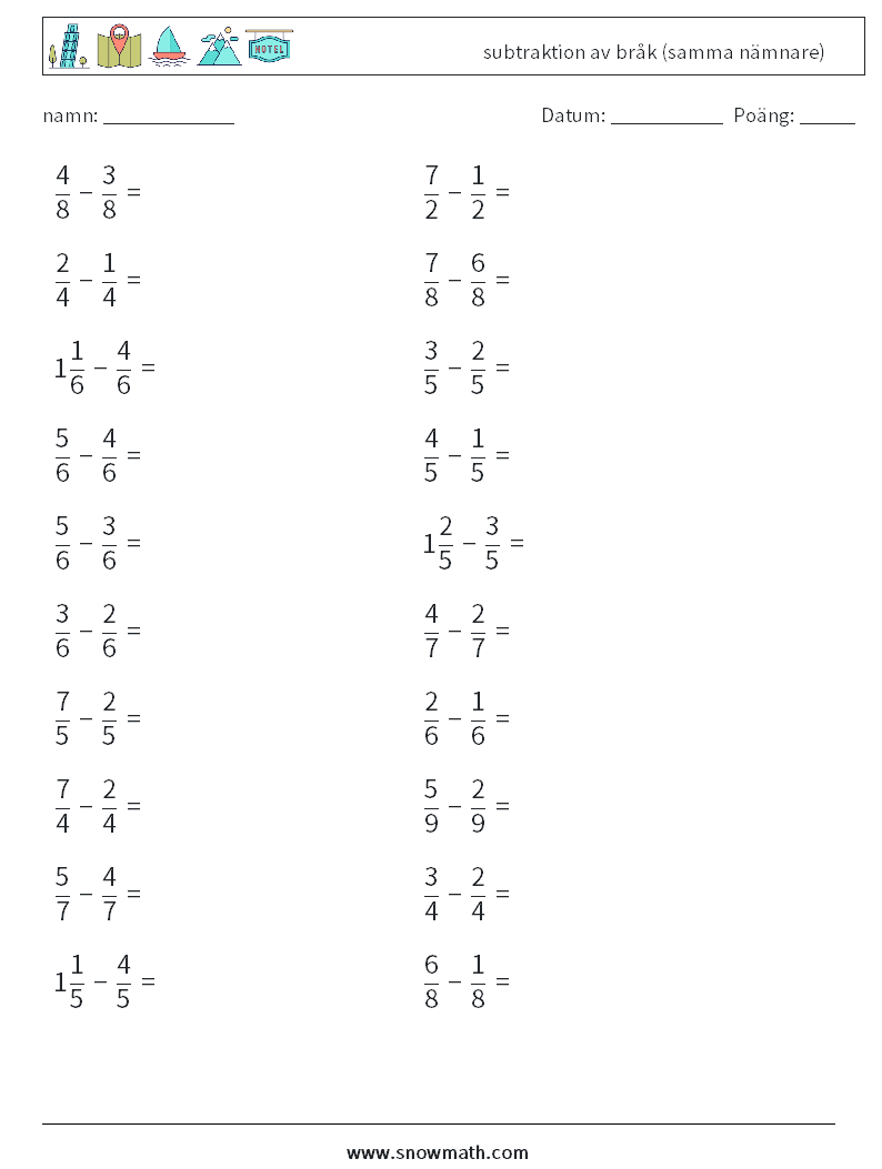 (20) subtraktion av bråk (samma nämnare) Matematiska arbetsblad 17