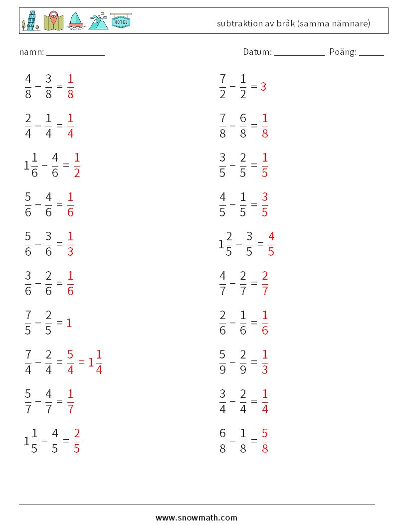 (20) subtraktion av bråk (samma nämnare) Matematiska arbetsblad 17 Fråga, svar