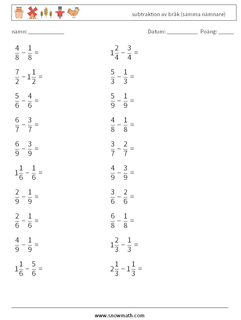 (20) subtraktion av bråk (samma nämnare) Matematiska arbetsblad 18