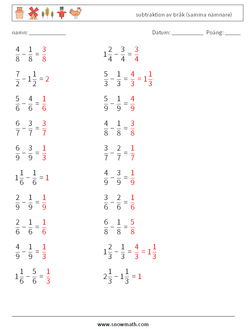 (20) subtraktion av bråk (samma nämnare) Matematiska arbetsblad 18 Fråga, svar