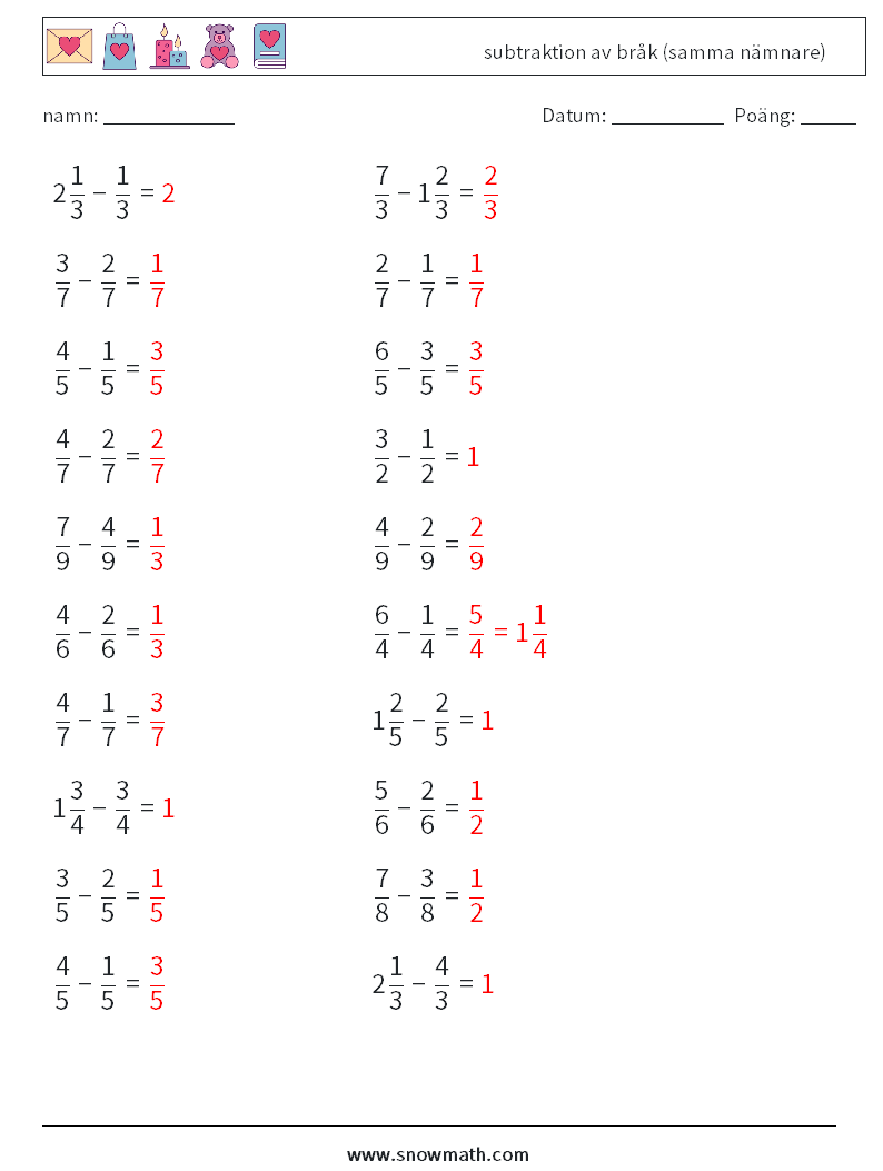 (20) subtraktion av bråk (samma nämnare) Matematiska arbetsblad 1 Fråga, svar
