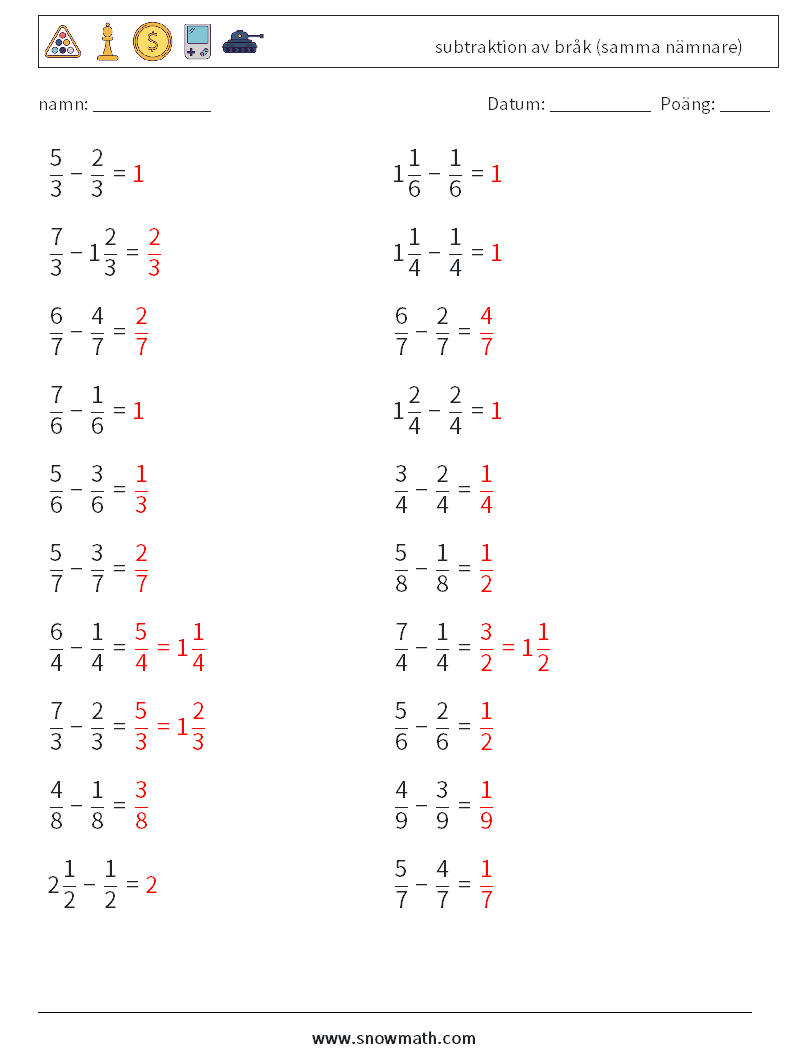 (20) subtraktion av bråk (samma nämnare) Matematiska arbetsblad 2 Fråga, svar