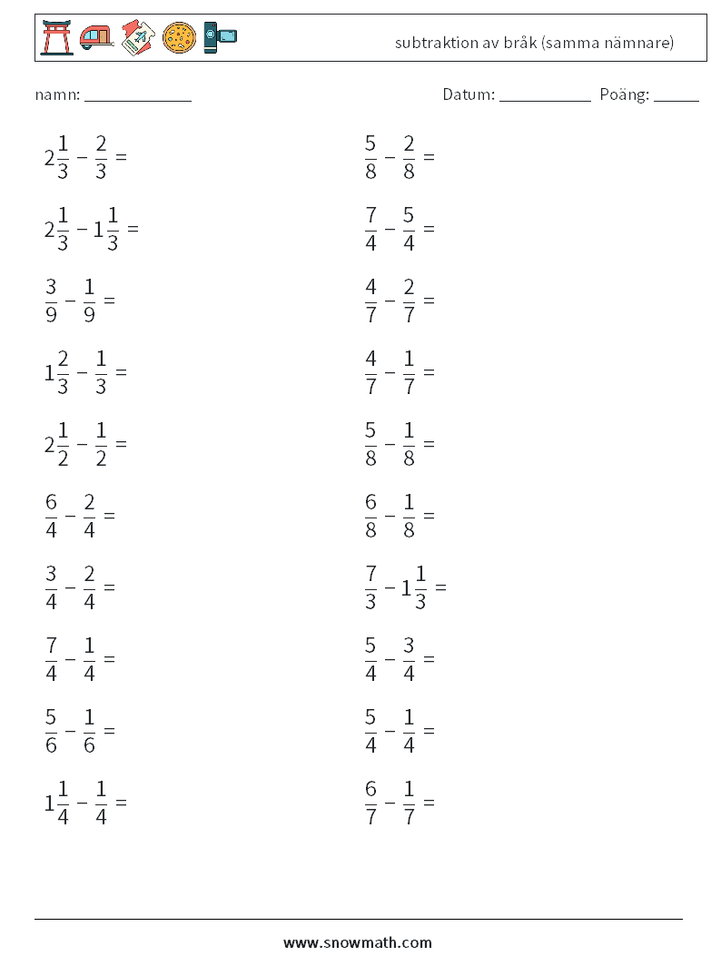 (20) subtraktion av bråk (samma nämnare) Matematiska arbetsblad 3