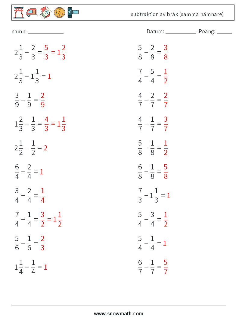 (20) subtraktion av bråk (samma nämnare) Matematiska arbetsblad 3 Fråga, svar