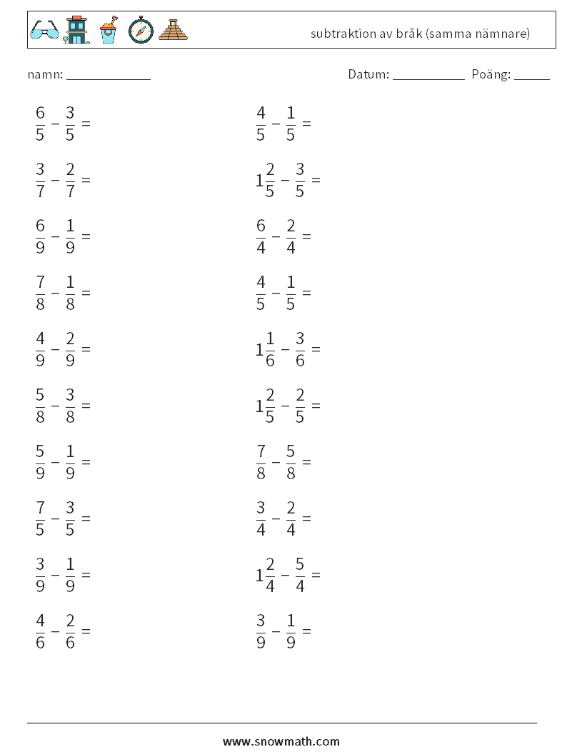 (20) subtraktion av bråk (samma nämnare) Matematiska arbetsblad 4