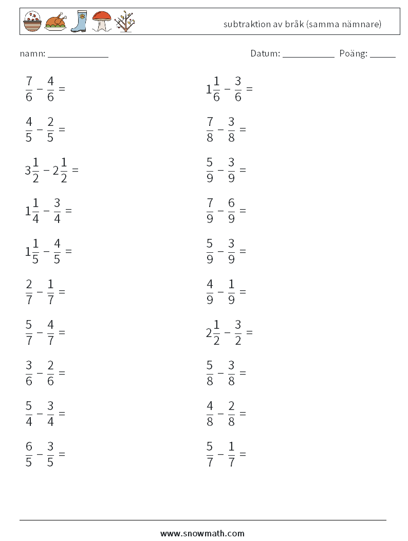 (20) subtraktion av bråk (samma nämnare) Matematiska arbetsblad 5