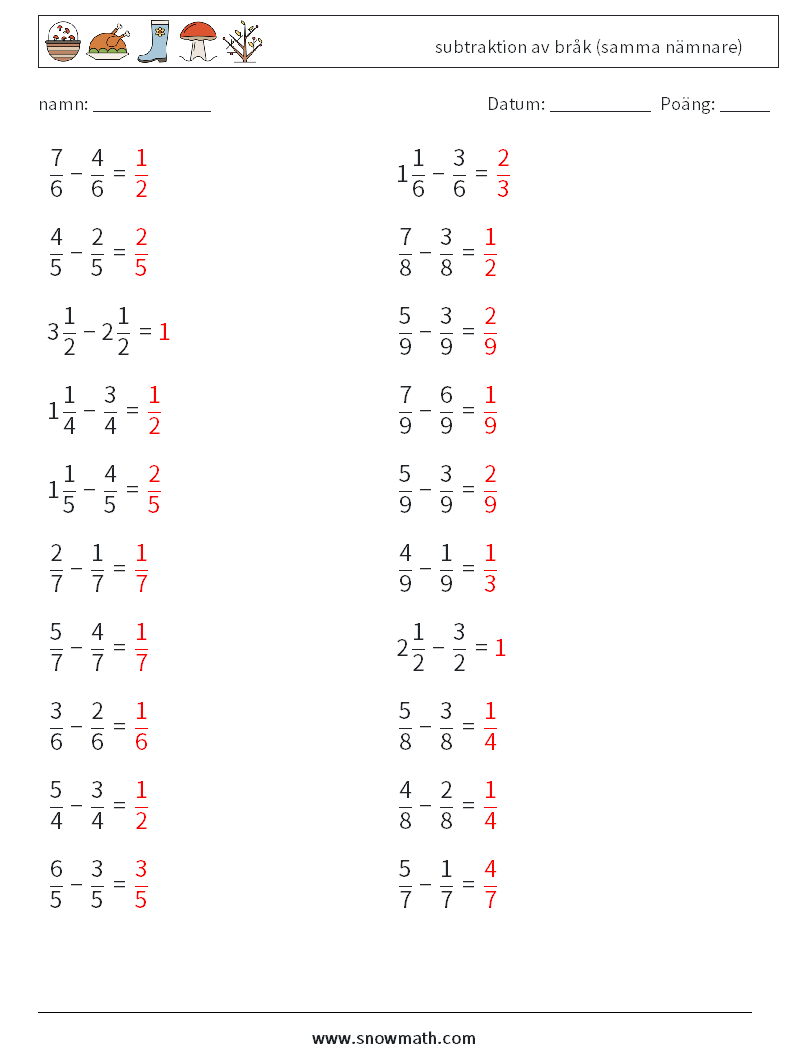 (20) subtraktion av bråk (samma nämnare) Matematiska arbetsblad 5 Fråga, svar