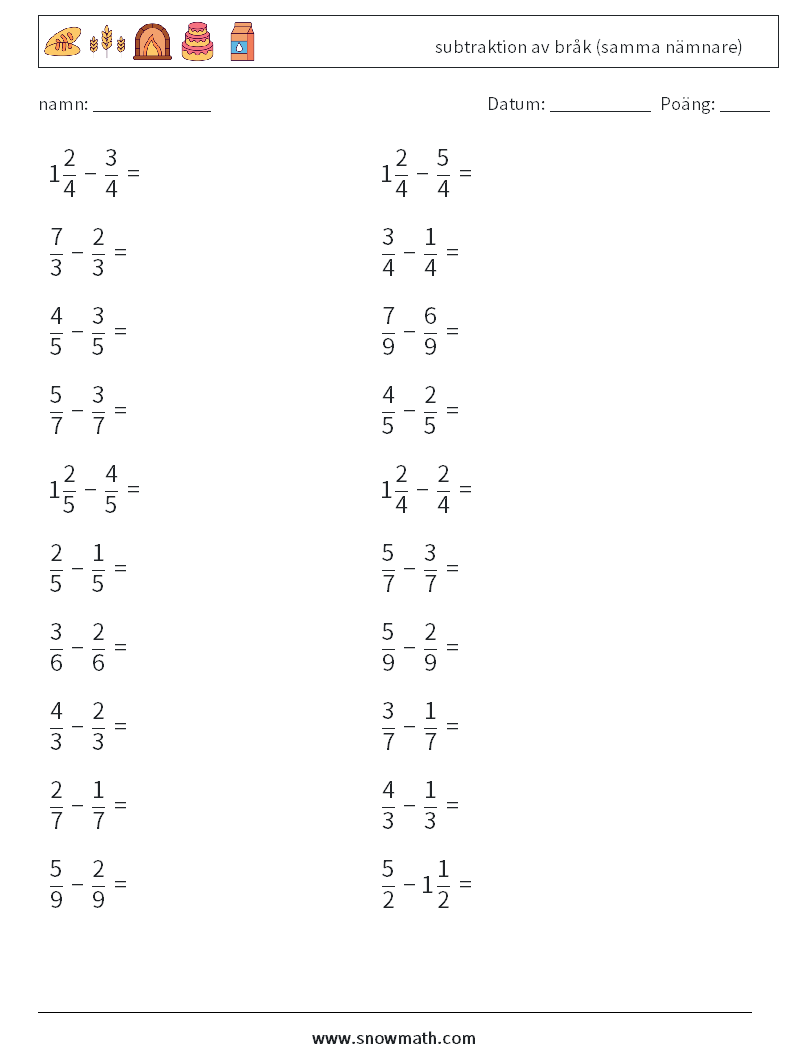 (20) subtraktion av bråk (samma nämnare) Matematiska arbetsblad 6