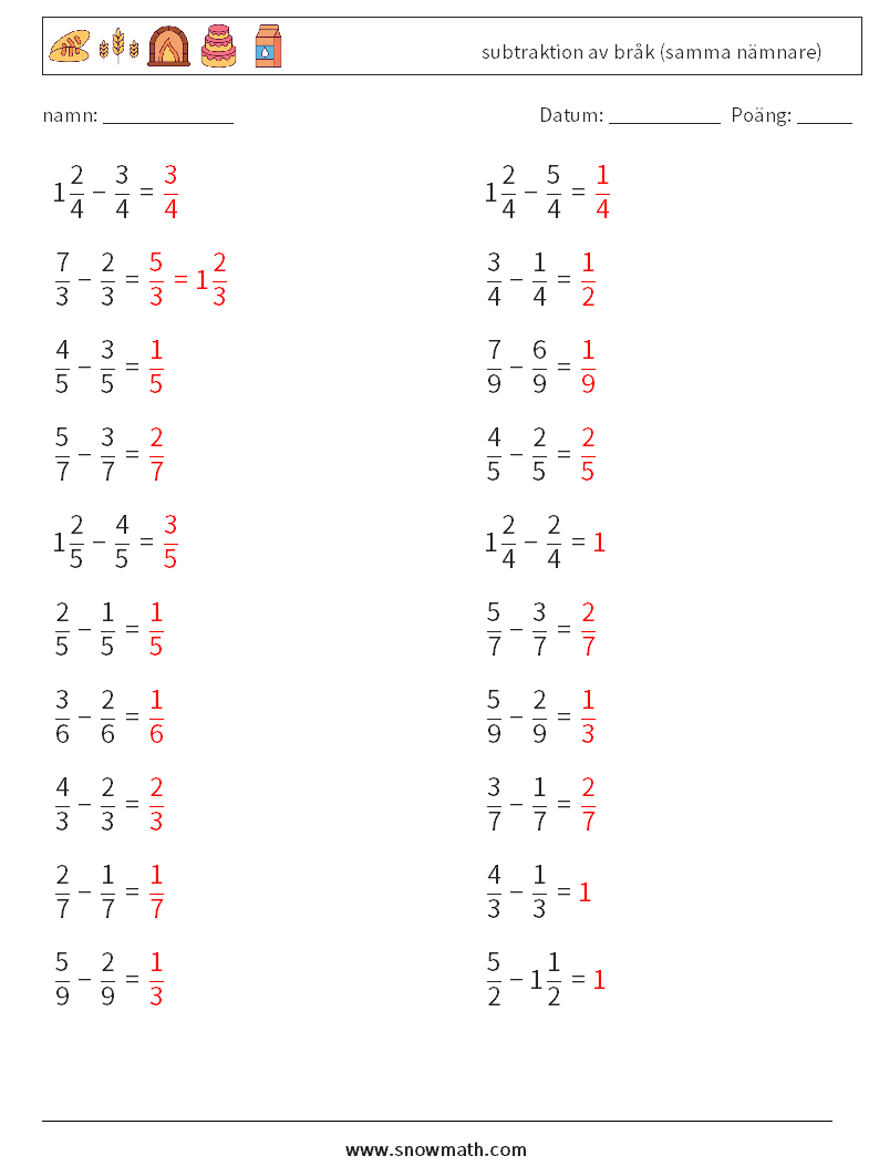 (20) subtraktion av bråk (samma nämnare) Matematiska arbetsblad 6 Fråga, svar