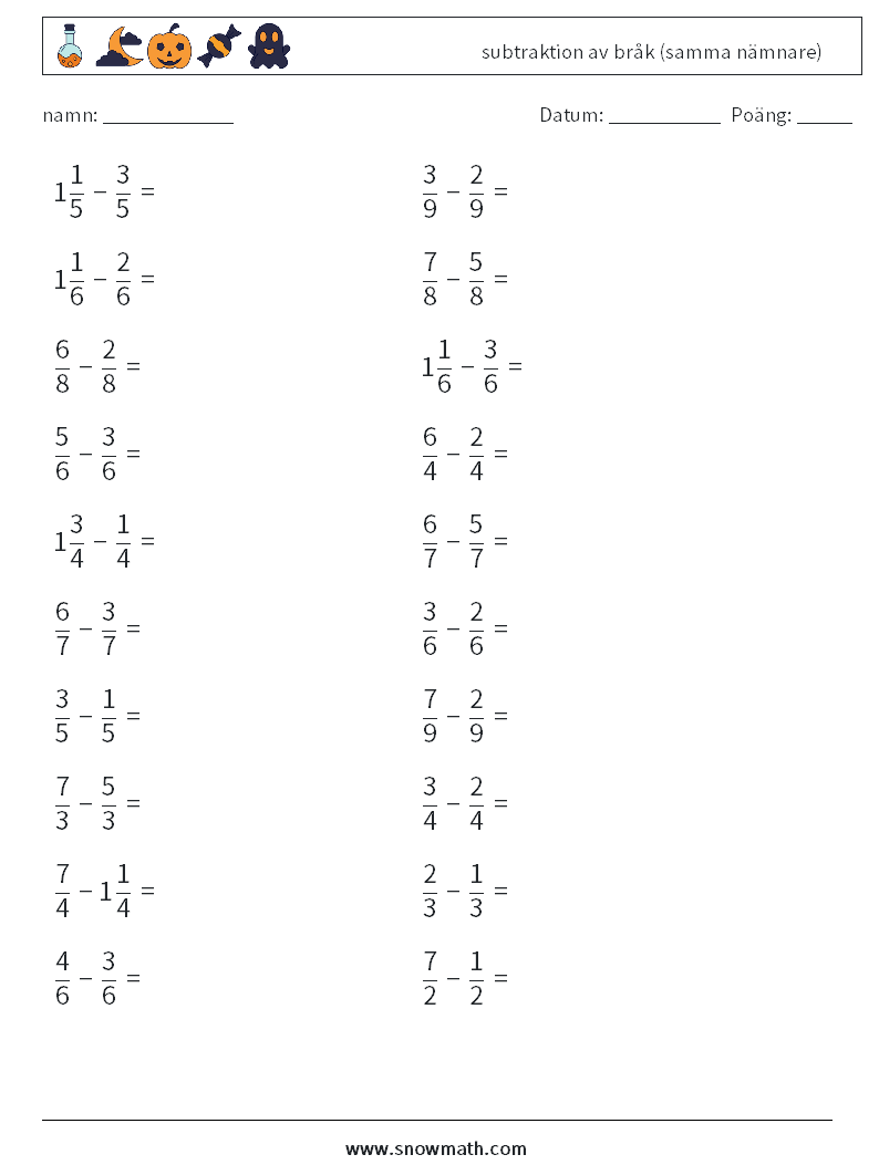 (20) subtraktion av bråk (samma nämnare) Matematiska arbetsblad 7