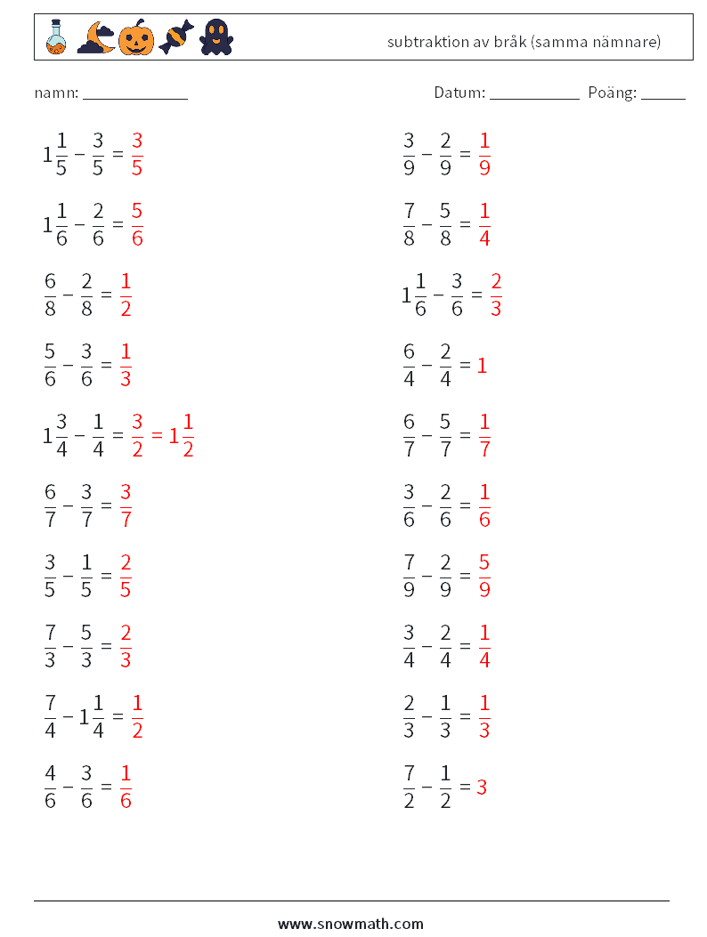 (20) subtraktion av bråk (samma nämnare) Matematiska arbetsblad 7 Fråga, svar