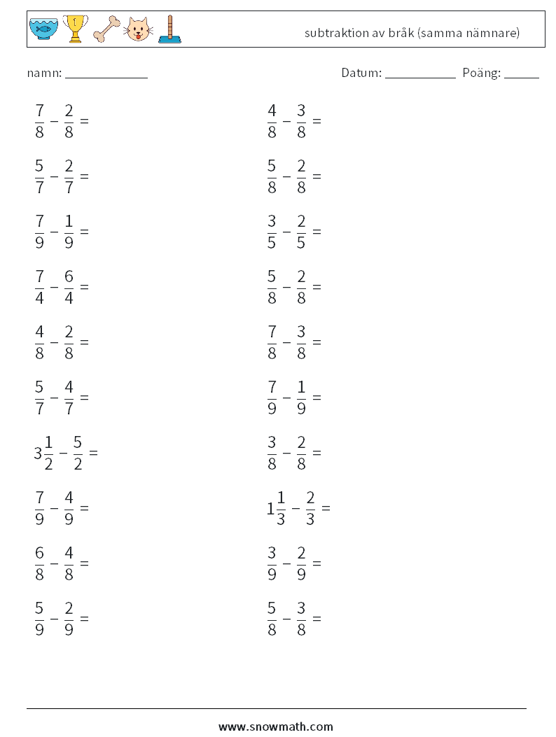 (20) subtraktion av bråk (samma nämnare) Matematiska arbetsblad 8