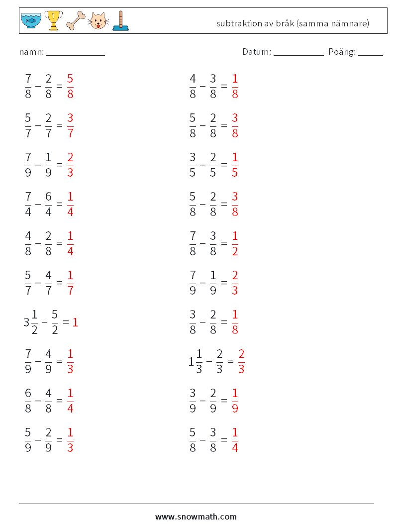 (20) subtraktion av bråk (samma nämnare) Matematiska arbetsblad 8 Fråga, svar