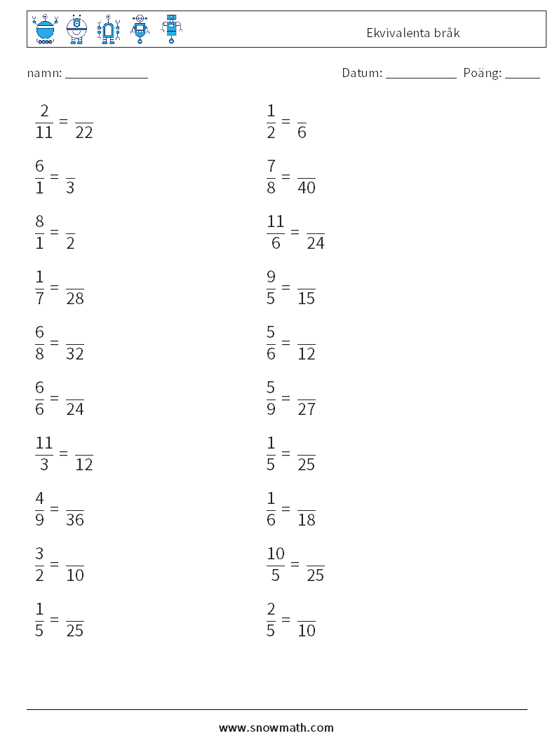 (20) Ekvivalenta bråk Matematiska arbetsblad 1