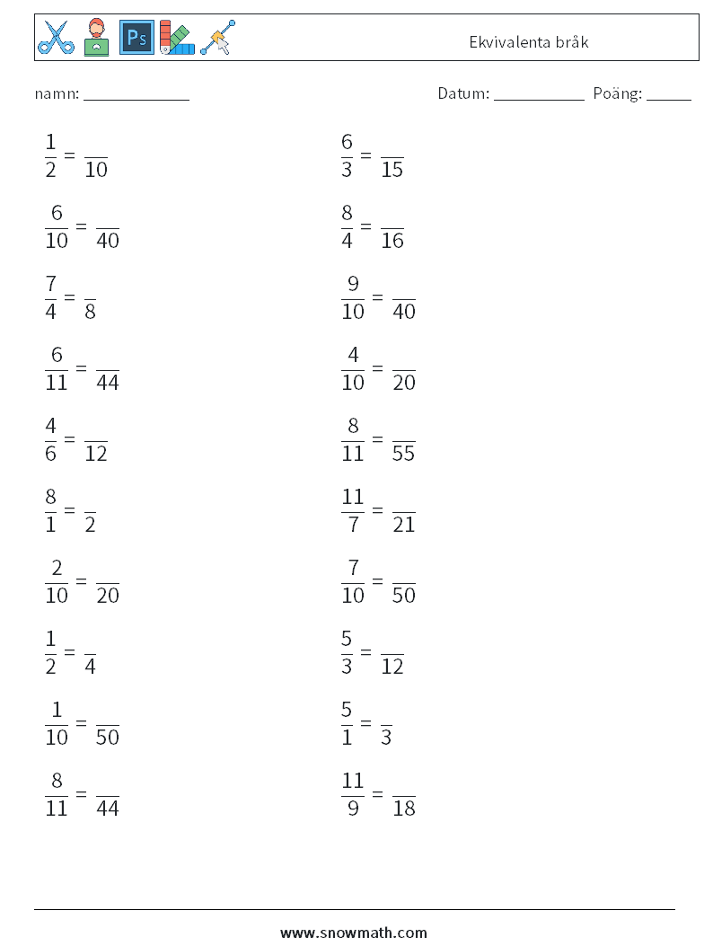 (20) Ekvivalenta bråk Matematiska arbetsblad 2