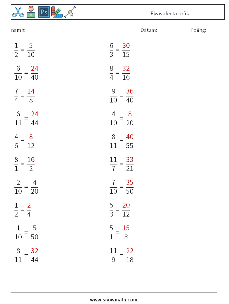 (20) Ekvivalenta bråk Matematiska arbetsblad 2 Fråga, svar