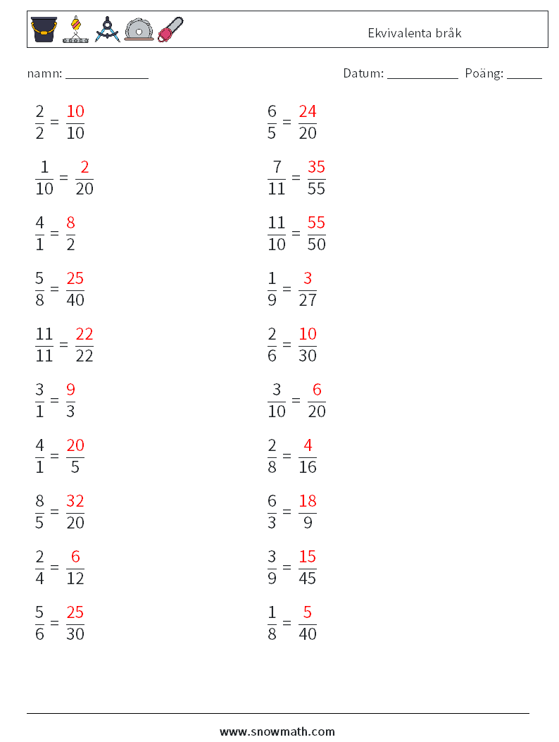 (20) Ekvivalenta bråk Matematiska arbetsblad 3 Fråga, svar