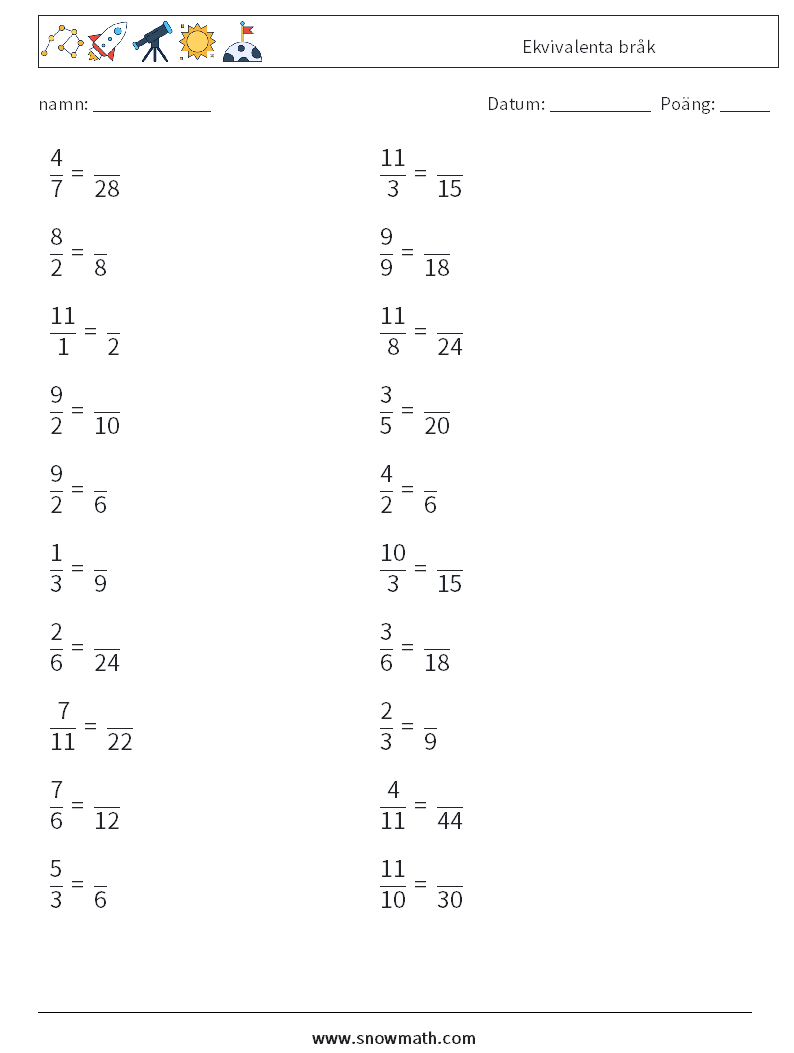 (20) Ekvivalenta bråk Matematiska arbetsblad 5