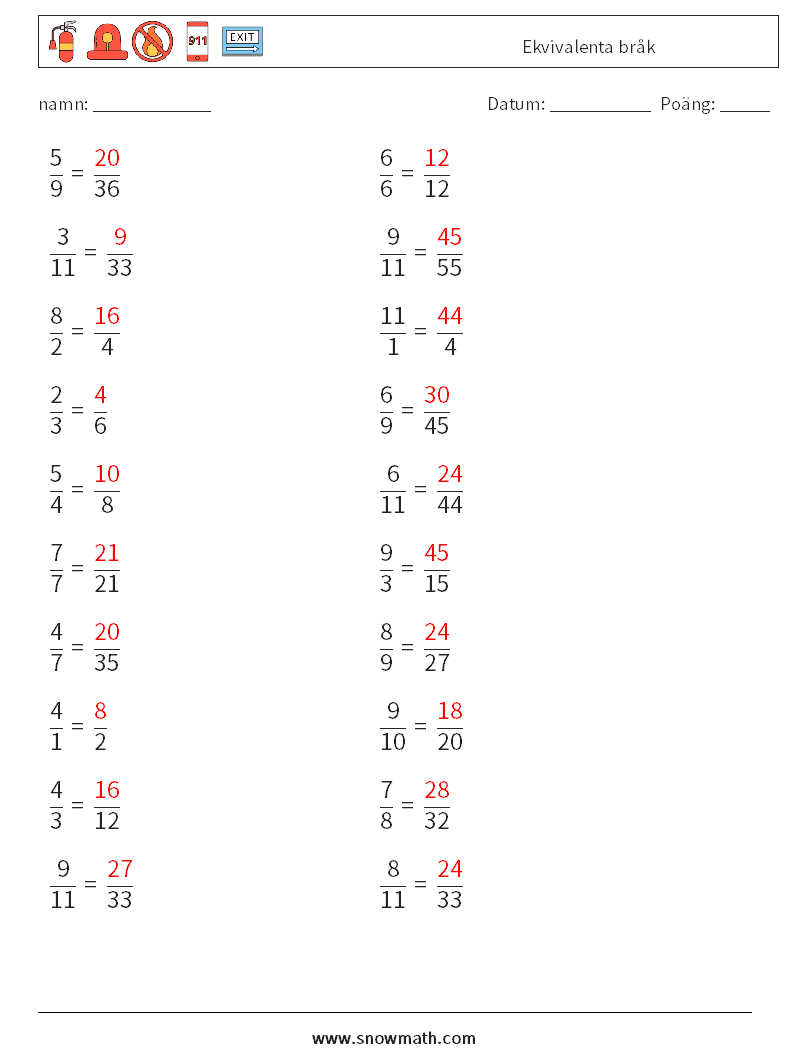 (20) Ekvivalenta bråk Matematiska arbetsblad 7 Fråga, svar