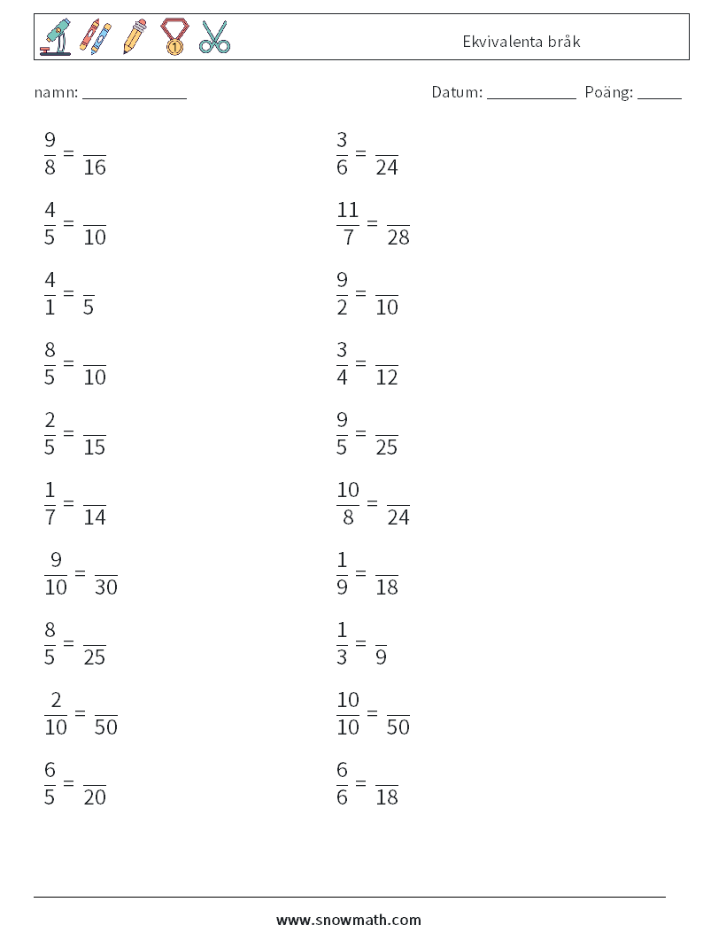 (20) Ekvivalenta bråk Matematiska arbetsblad 9