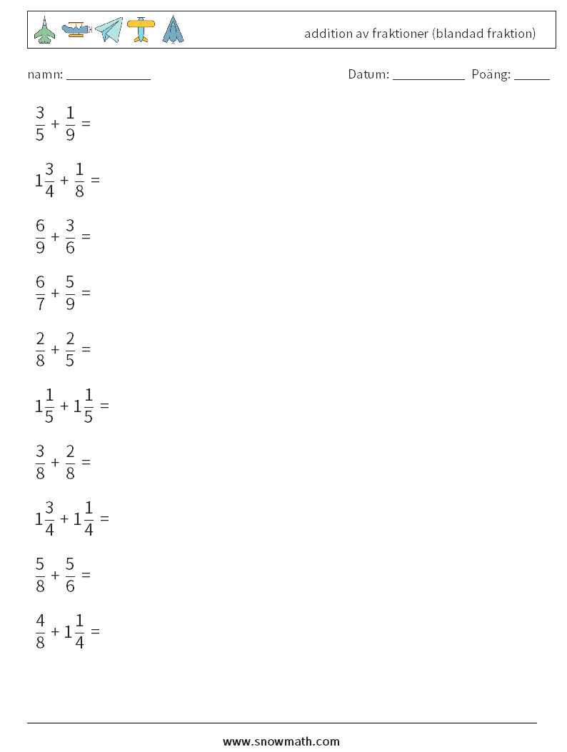 (10) addition av fraktioner (blandad fraktion) Matematiska arbetsblad 1