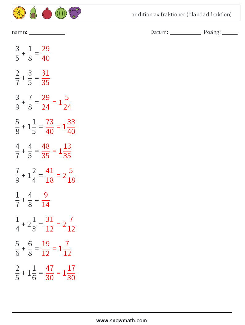 (10) addition av fraktioner (blandad fraktion) Matematiska arbetsblad 11 Fråga, svar