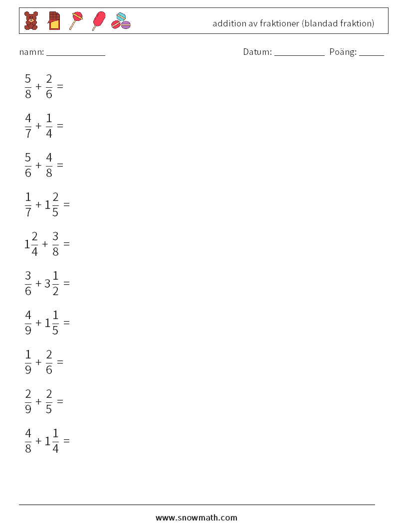 (10) addition av fraktioner (blandad fraktion) Matematiska arbetsblad 13