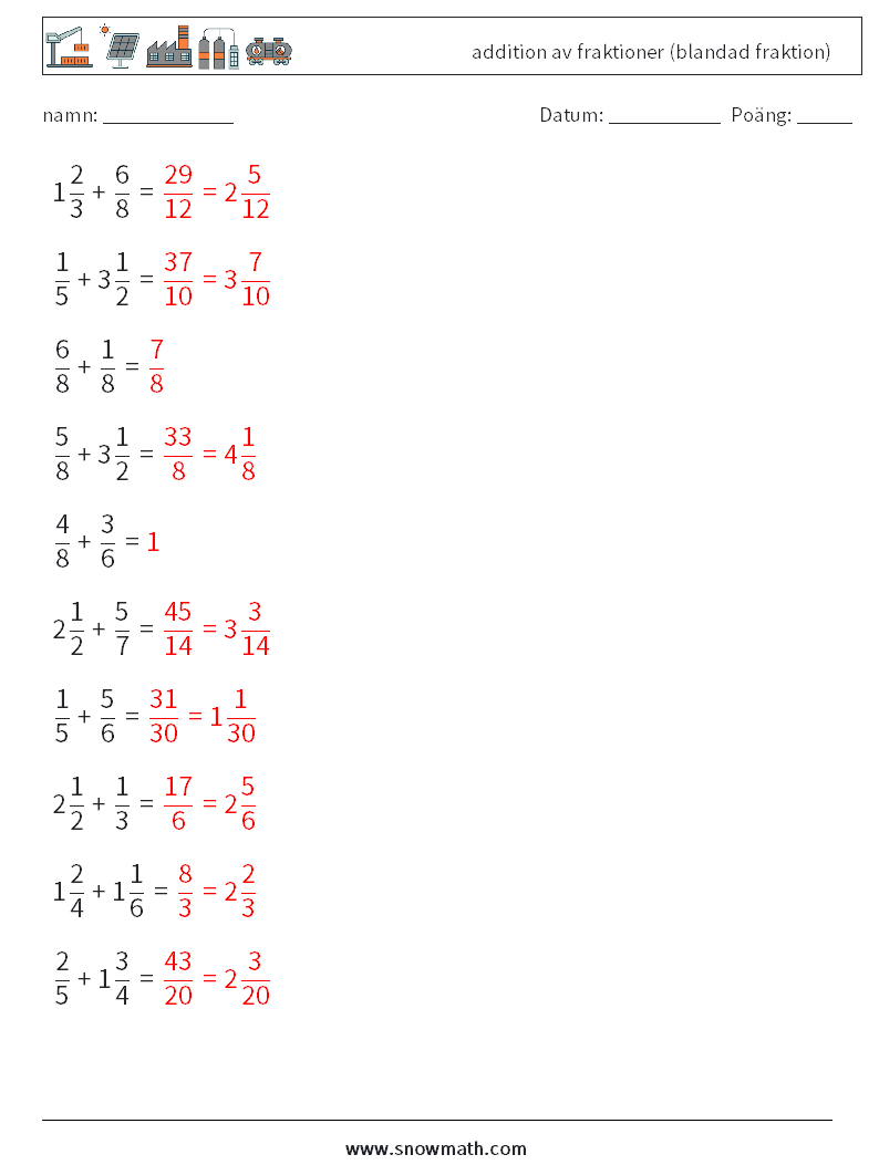 (10) addition av fraktioner (blandad fraktion) Matematiska arbetsblad 14 Fråga, svar