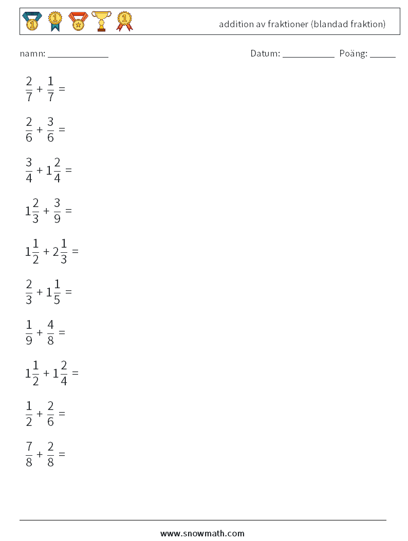 (10) addition av fraktioner (blandad fraktion) Matematiska arbetsblad 15